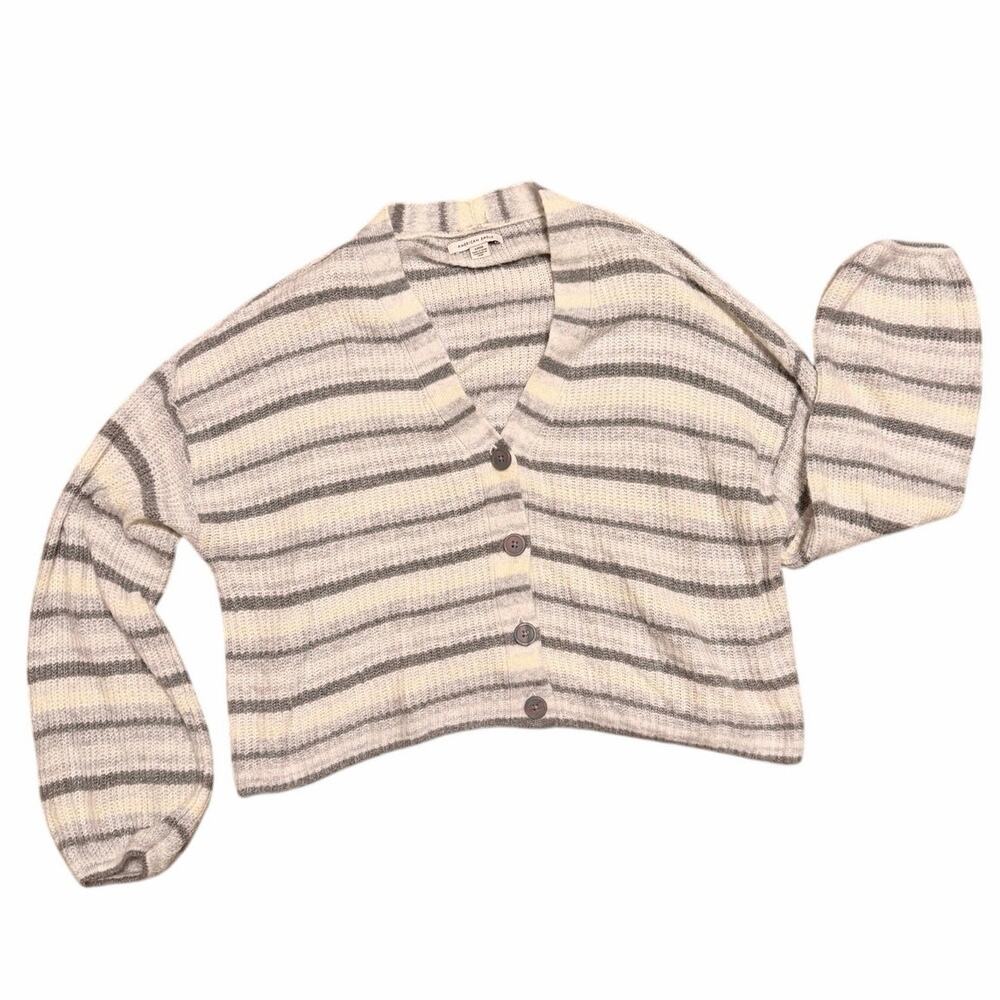American Eagle Gray White Striped Oversized Cropped Knit Cardigan Small